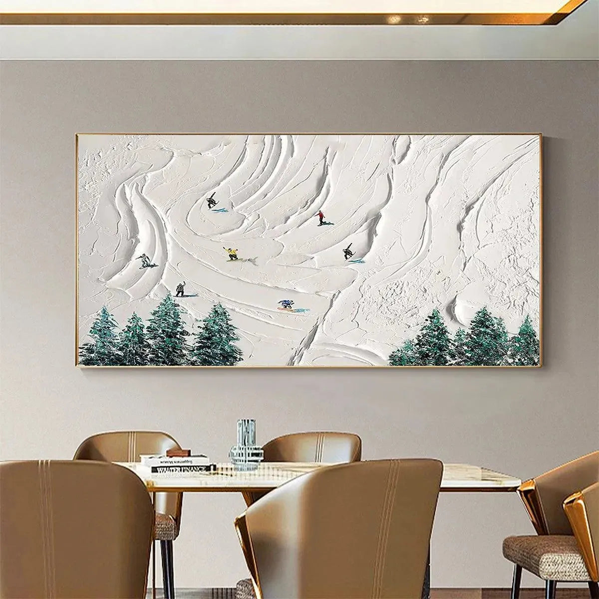 SNOWY PEAKS textured impasto painting with skiers descending a snow mountain, product display.