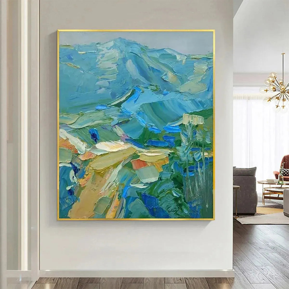 Isabella Rossi's Blue Ridge Mountains impasto painting: textured blues & greens, displayed in a modern room.