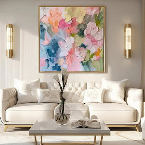 Pastel Dream abstract floral painting by Willow Davies, soft pastel colors, framed, in a living room setting