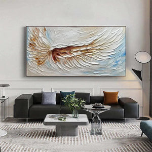 Textured Angel Wings painting, white and gold hues with brown accents, framed wall art for serene decor.