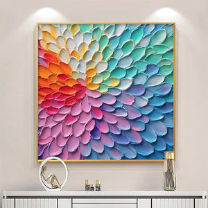 RAINBOW BURST by Isabella Rossi, impasto abstract art, rainbow colors, gold frame, square canvas for modern decor.