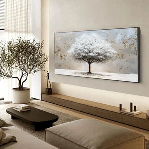 Winter's Grace painting by Liam O'Connell: White tree with gold accents in a modern living room setting. Home decor.