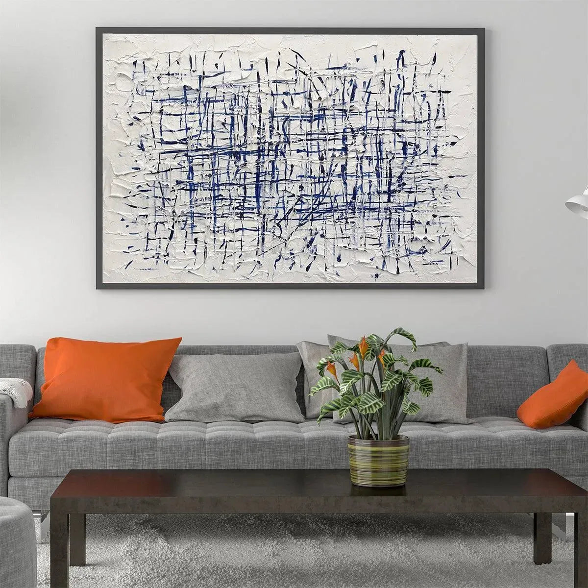 BLUE WEAVE abstract painting by Javier Ramirez, modern abstract art in blue and white, living room decor