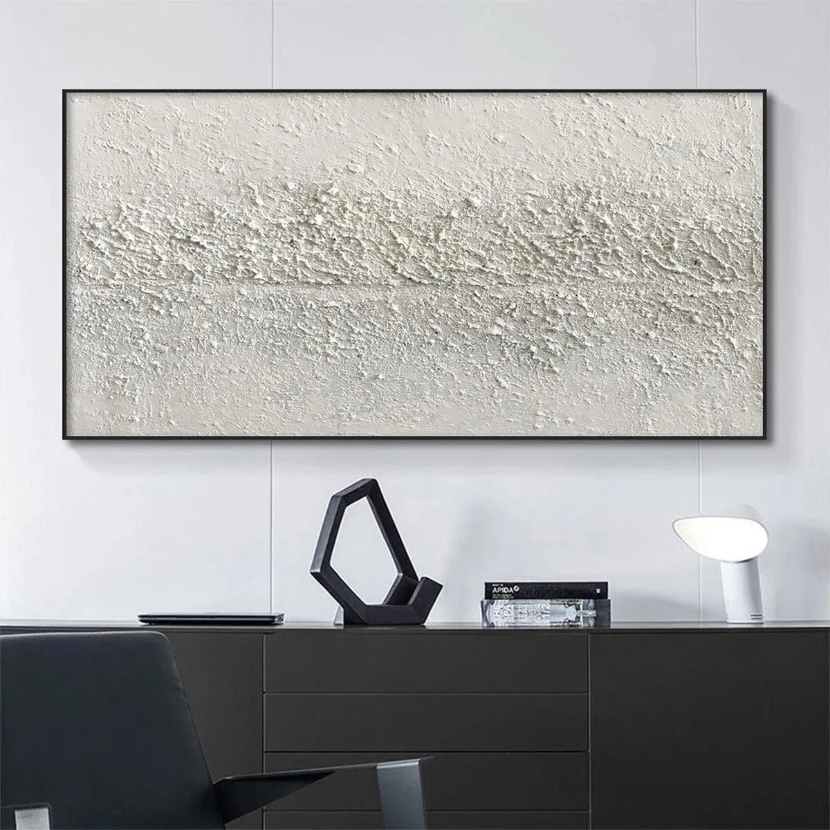 Textured Whispers minimalist abstract painting by Javier Ramirez, white textured art, black frame