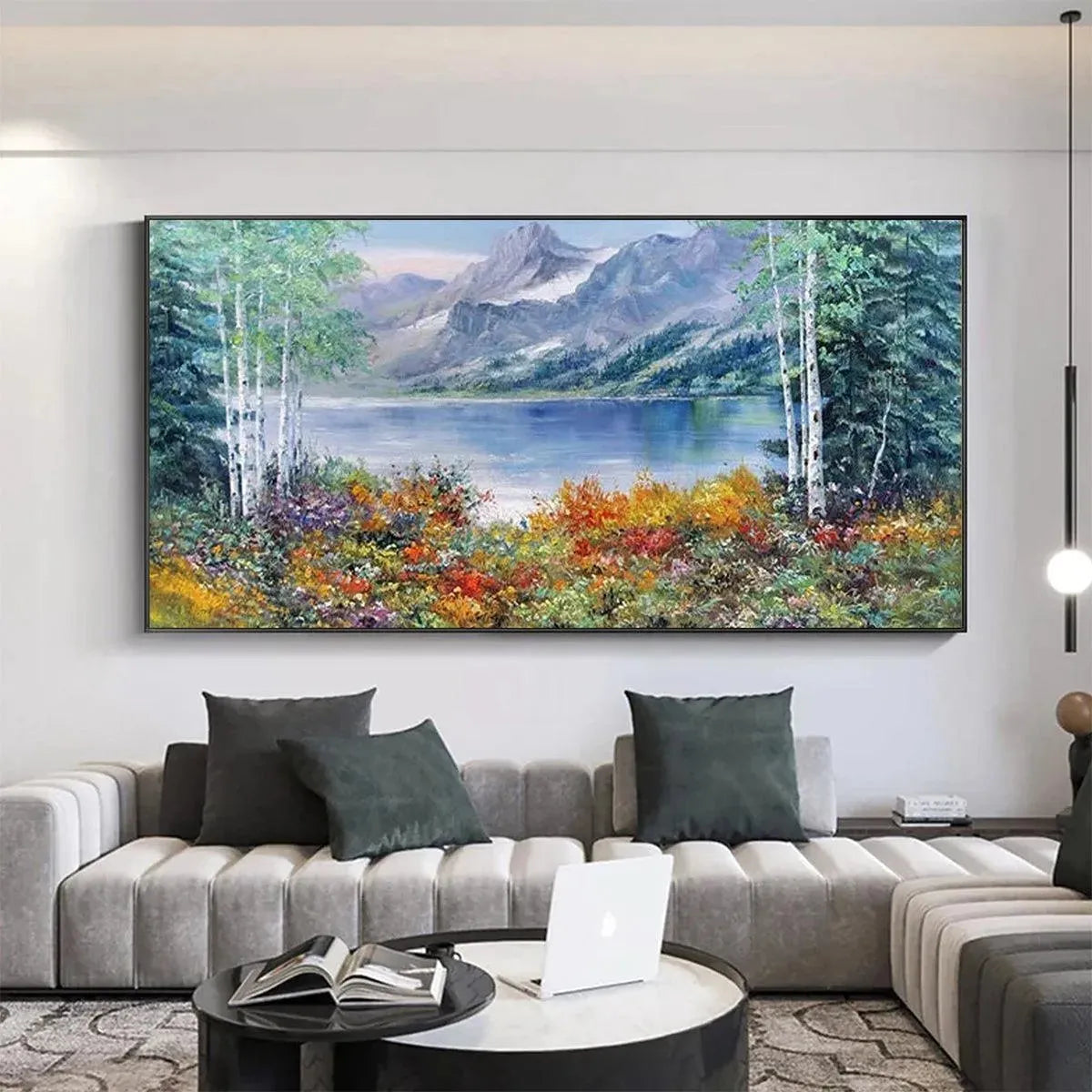 Chen Liu's "Autumn Lake" painting: vibrant foliage, lake reflection, mountains, in a living room setting.