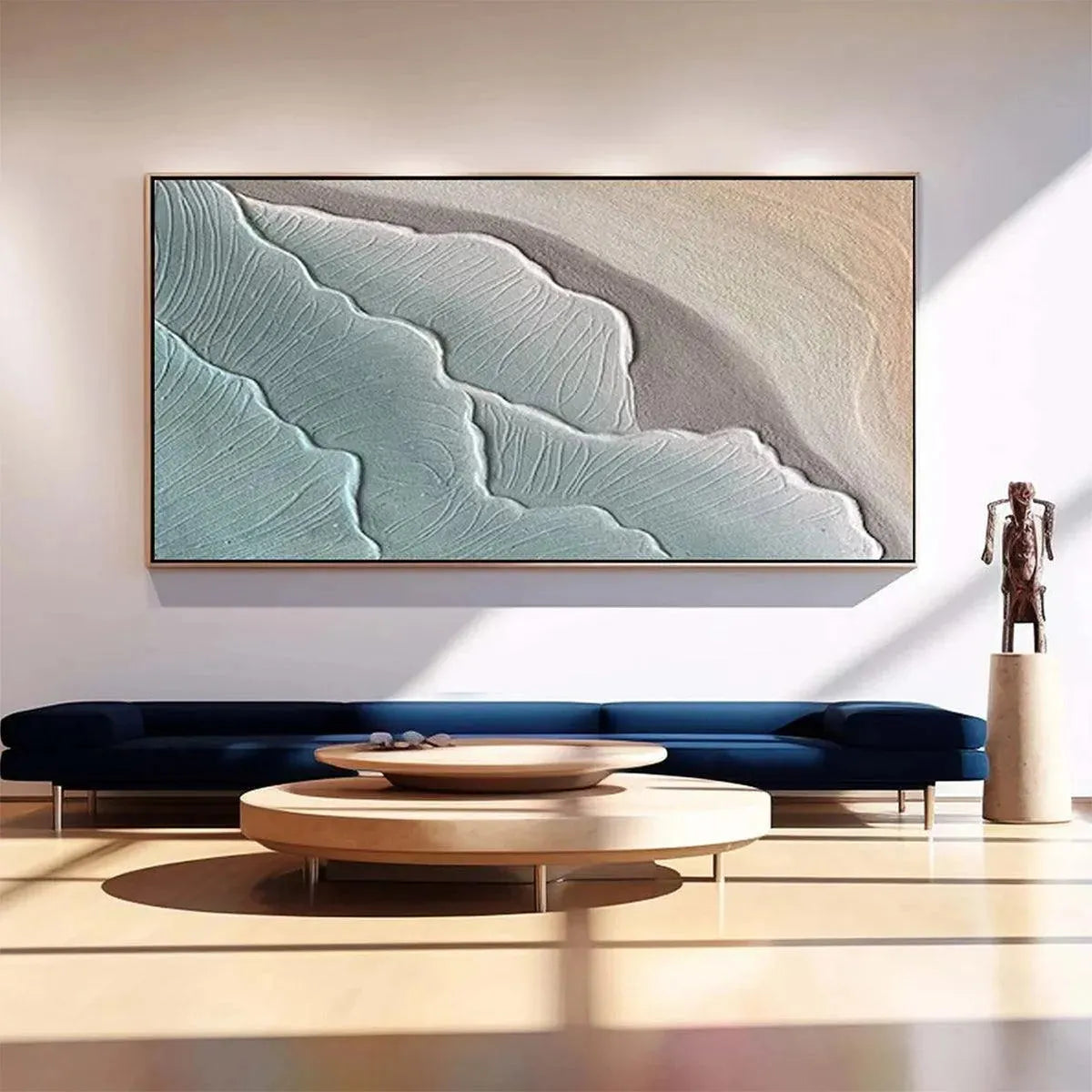 Emerald Waves painting by Liam O'Connell, teal textured seascape art in modern living room. Ocean waves.