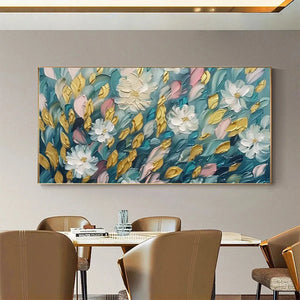 GOLDEN GARDEN painting by Elodie Dubois, textured floral artwork with white flowers, teal, gold, and pink accents, framed.