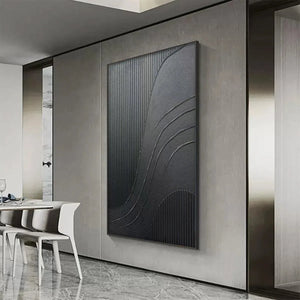 Black Textured Curves painting by Javier Ramirez, minimalist abstract art with textured black surface, modern decor