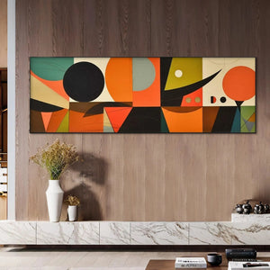 Panoramic mid-century geometric abstract art with orange, black, green, beige shapes.
