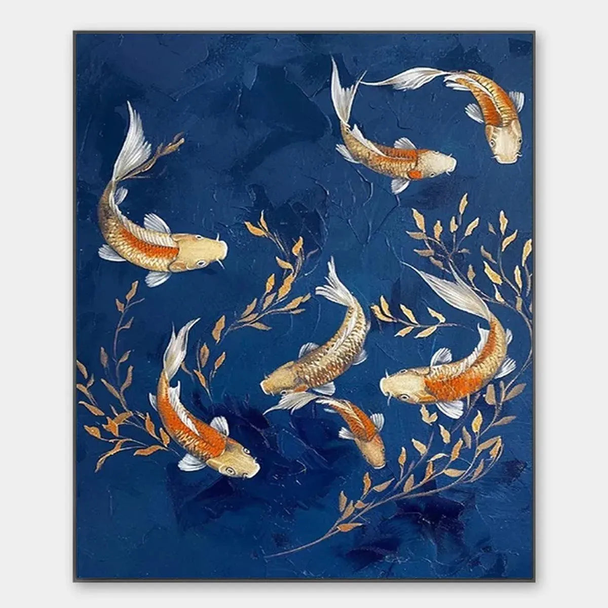 Vertical Golden Koi painting by Chen Liu, golden fish and foliage on a textured blue background.