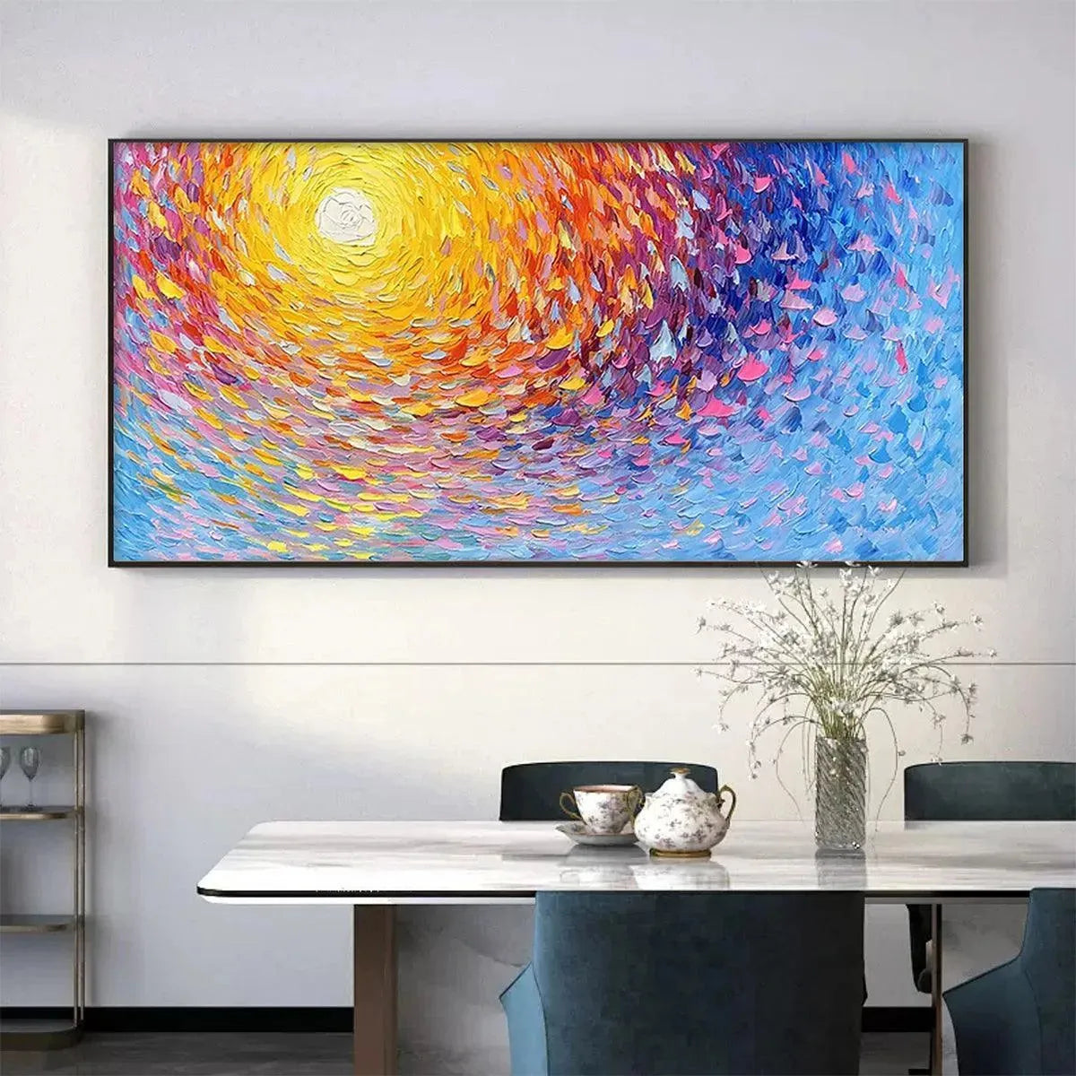SUNRISE SERENADE abstract painting by Willow Davies, showing thick yellow and blue impasto brushstrokes in a room setting.
