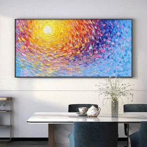 SUNRISE SERENADE abstract painting by Willow Davies, showing thick yellow and blue impasto brushstrokes in a room setting.