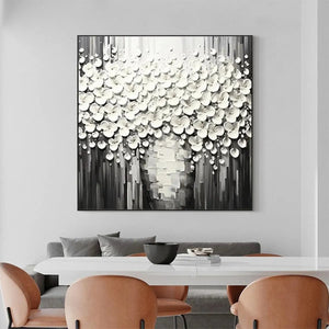 White Bouquet painting by Liam O'Connell: Textured white flowers on grey background, framed artwork for modern decor.