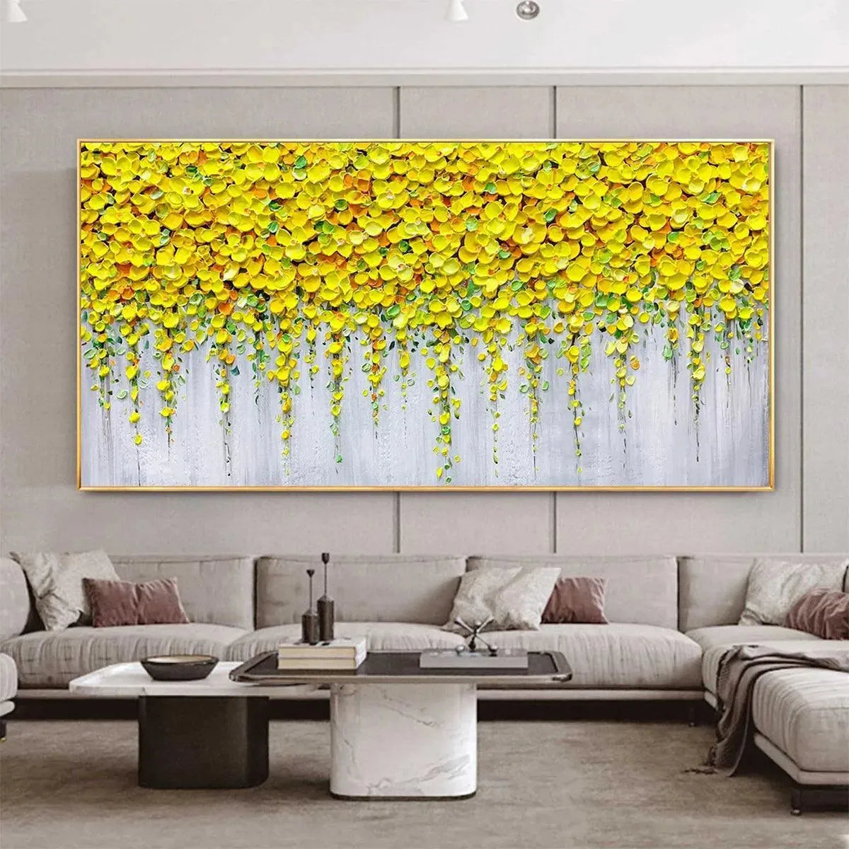 Golden Cascade Elodie Dubois textured yellow floral impasto painting in living room.