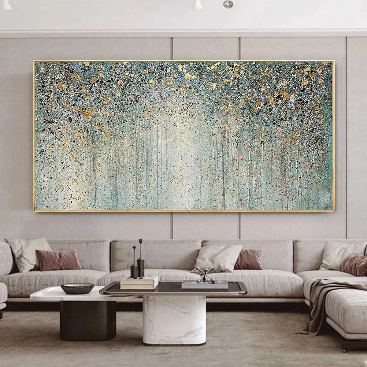 Golden Rain original abstract landscape painting by Willow Davies: textured gold on green. Modern wall art in a lifestyle setting.