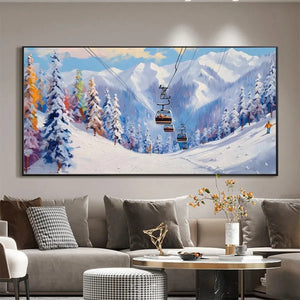 SNOWY SLOPES: Chak Yu Lam original oil painting of ski resort, ski lift, snowy mountains, vibrant trees, impasto texture.