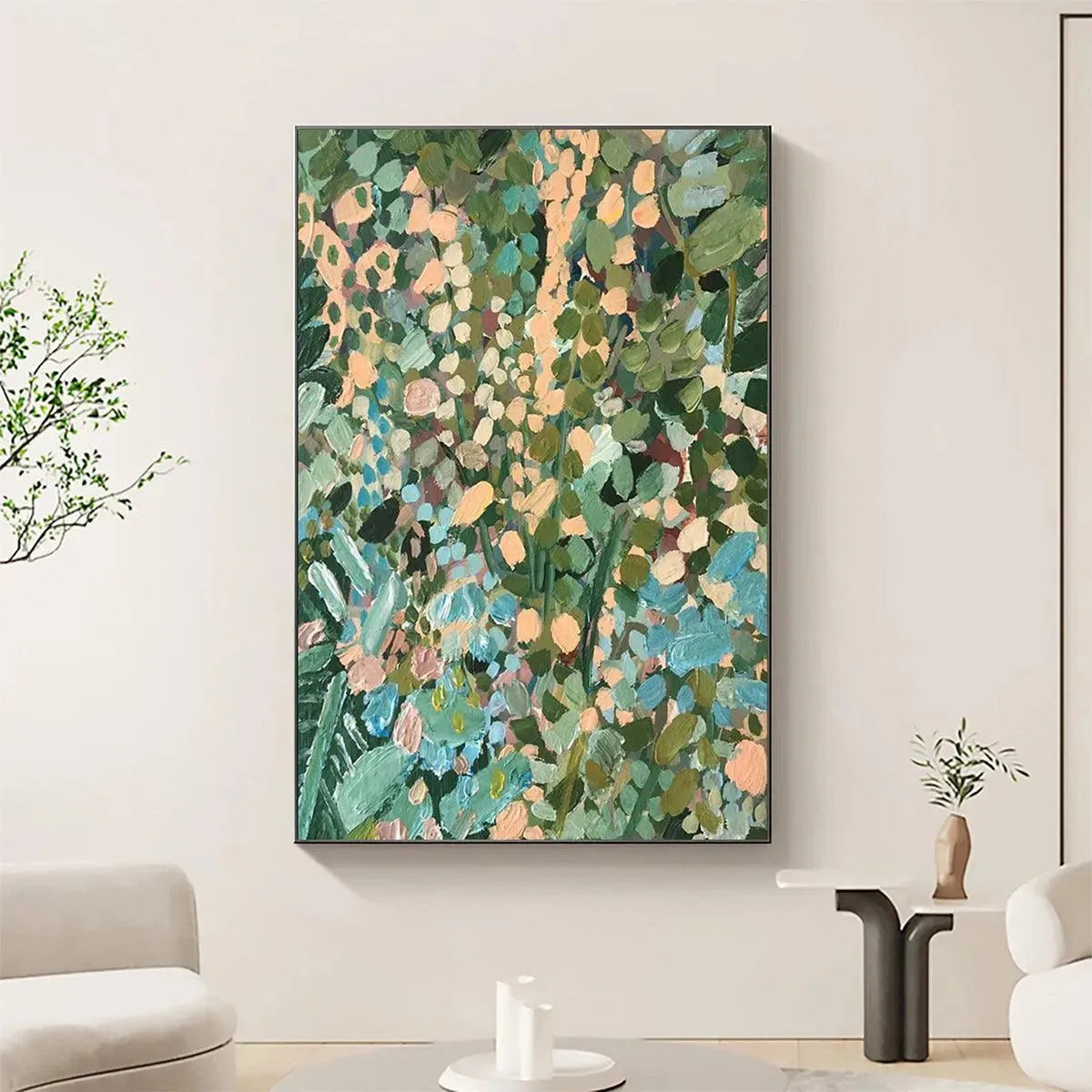 Elodie Dubois' 'Enchanted Garden' vertical floral painting, abstract green, blue, peach with visible brushstrokes.