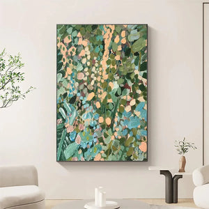 Elodie Dubois' 'Enchanted Garden' vertical floral painting, abstract green, blue, peach with visible brushstrokes.