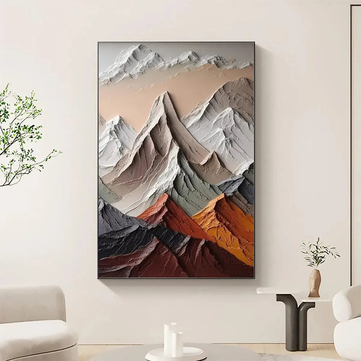 Textured impasto mountain painting: Majestic Peaks in earthy tones, showcasing dimensional peaks and Wabi Sabi style.