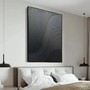 Black Textured Curves by Javier Ramirez, minimalist abstract painting with textured black surface, modern art for home decor