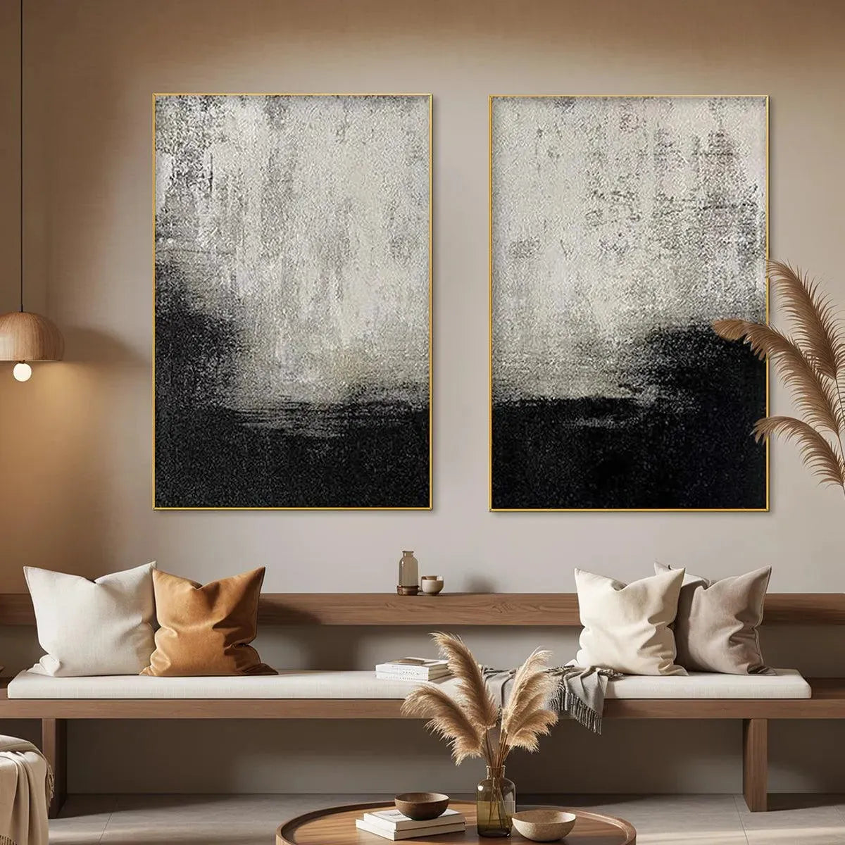 Black and white abstract diptych by Liam O'Connell, vertical wall art with gold frame. Modern art for living room or bedroom.