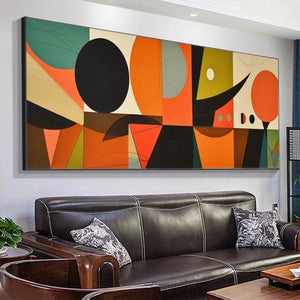 Panoramic mid-century modern abstract painting with geometric shapes in orange, black, brown, green, and beige.