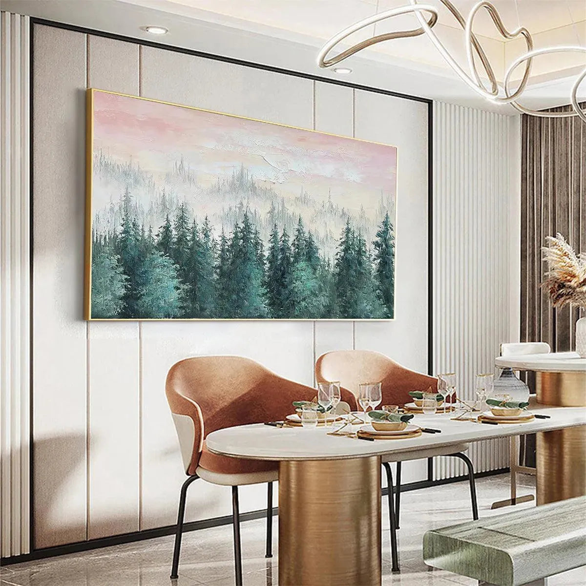 MISTY PINES: Panoramic Forest Landscape Painting, Misty Trees, Green