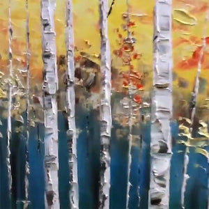 Golden Birch Grove original oil painting with white birch trees and golden autumn foliage.