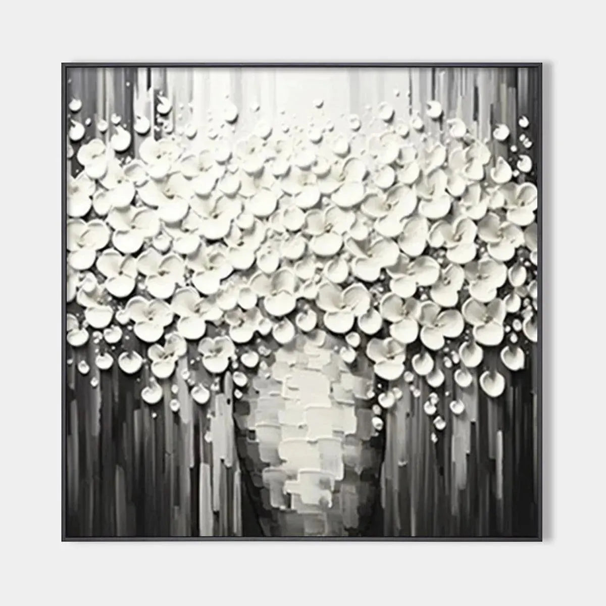 Textured white floral painting on grey background, a modern abstract artwork by Liam O'Connell, showcasing impasto texture.