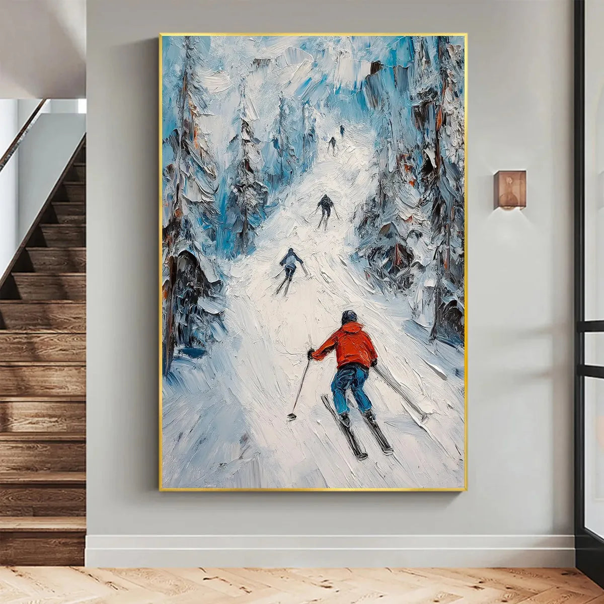 FIRST RUN: Textured Impasto Skiing Painting on Vertical Canvas