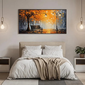 Autumn Park Bench impressionistic painting in orange & grey, displayed above bed in a contemporary bedroom.