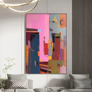 Pink City Abstract painting by Willow Davies. Modern vertical wall art with pink, teal, red, and brown tones, framed.
