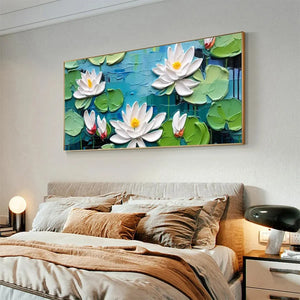 Isabella Rossi Serene Lotus Pond textured impasto painting, horizontal wall art with white water lilies and green pads