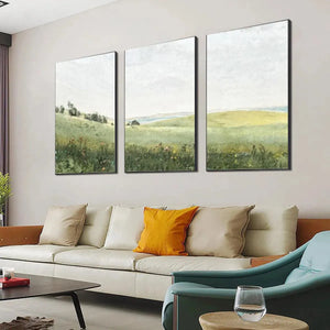 Set of 3 Liam O'Connell minimalist green field paintings, muted tones, textured brushstrokes, interior context.