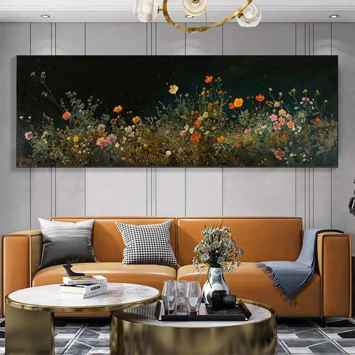 Panoramic wildflower painting, vibrant blooms on dark background, shown in a room setting for scale.