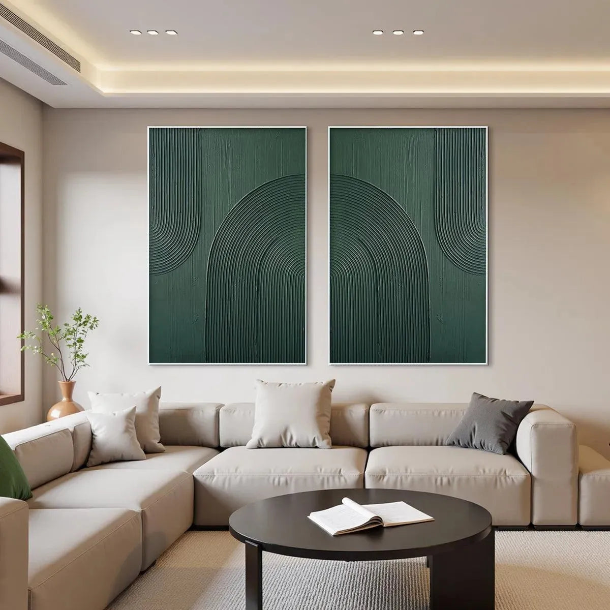 Green textured arches diptych abstract wall art set of 2, displayed above a sectional sofa in a living room.