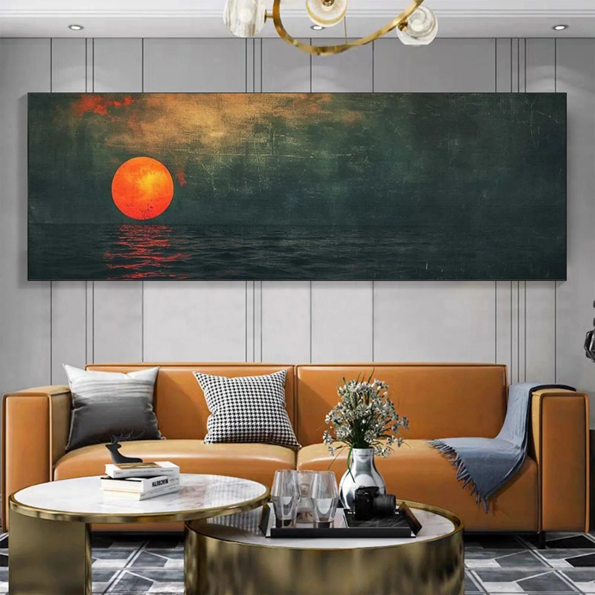 Panoramic wall art of a blood moon over the ocean at sunset, showing scale in a living room.