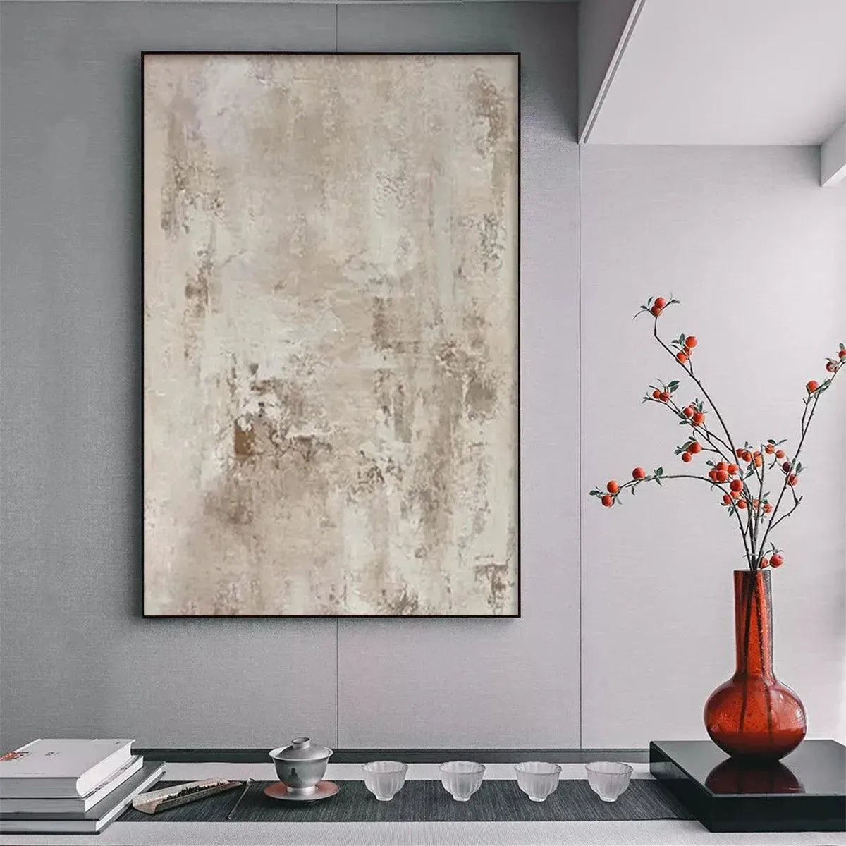 Textured Beige Abstract painting by Javier Ramirez, minimalist artwork with neutral tones, black frame, modern decor