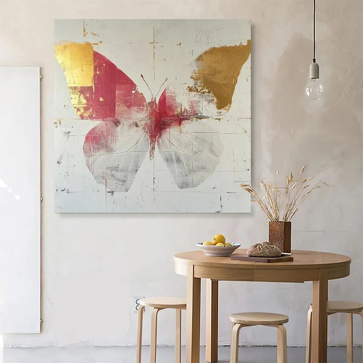 GOLDEN BUTTERFLY: Butterfly Painting, Gold and Pink Wall Art, Square Canvas Art, Bedroom Decor