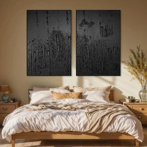 Black Textured Diptych by Liam O'Connell, vertical wall art set of 2. Modern abstract art for bedroom with textured surface.