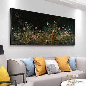 Panoramic wildflower painting showcasing pink, orange, and yellow blooms against a dark background with green foliage.
