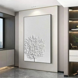 Elodie Dubois 'White Textured Tree' wall art. Minimalist white tree design, textured artwork, ideal for modern homes.