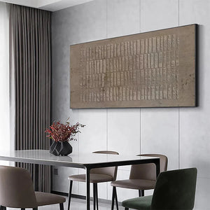 Javier Ramirez's Textured Rectangle Array brown painting displayed in a modern dining room setting, minimalist artwork.