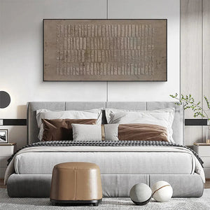 Javier Ramirez Textured Rectangle Array painting above a bed. Minimalist brown textured artwork, modern interior decor.