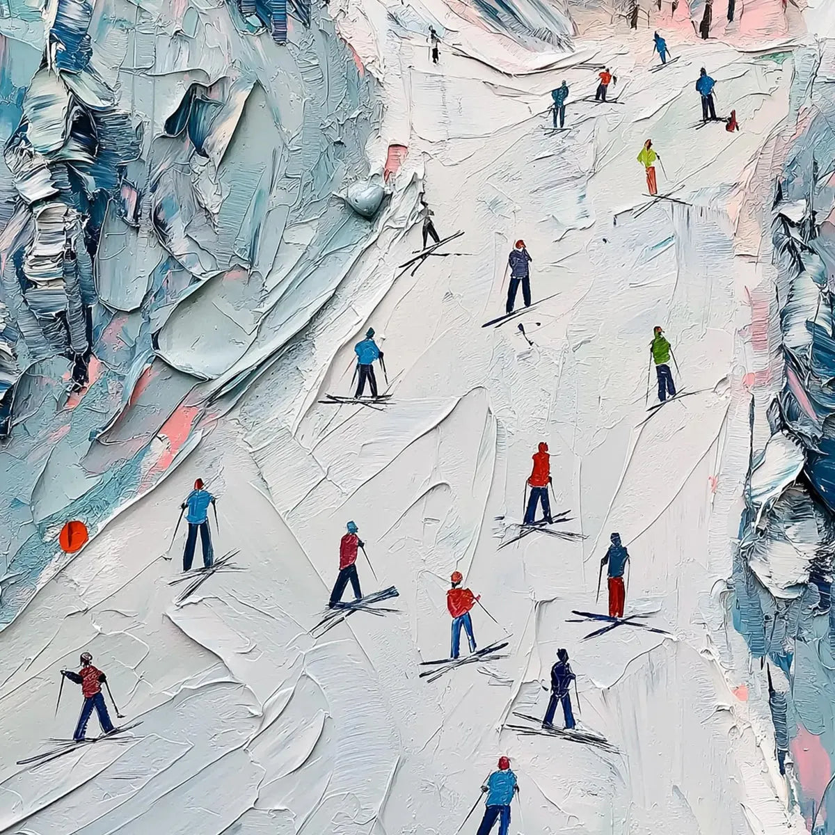 SLOPE LIFE: Textured Impasto Ski Slope Scene on Square Canvas