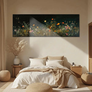Panoramic wildflower painting with pink, orange, yellow blooms, dark background, in bedroom scale.