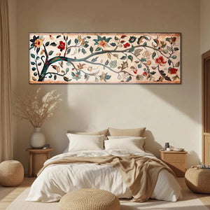 Liam O'Connell panoramic tapestry with flowering tree, red, peach, teal, yellow blossoms on cream, bedroom decor.