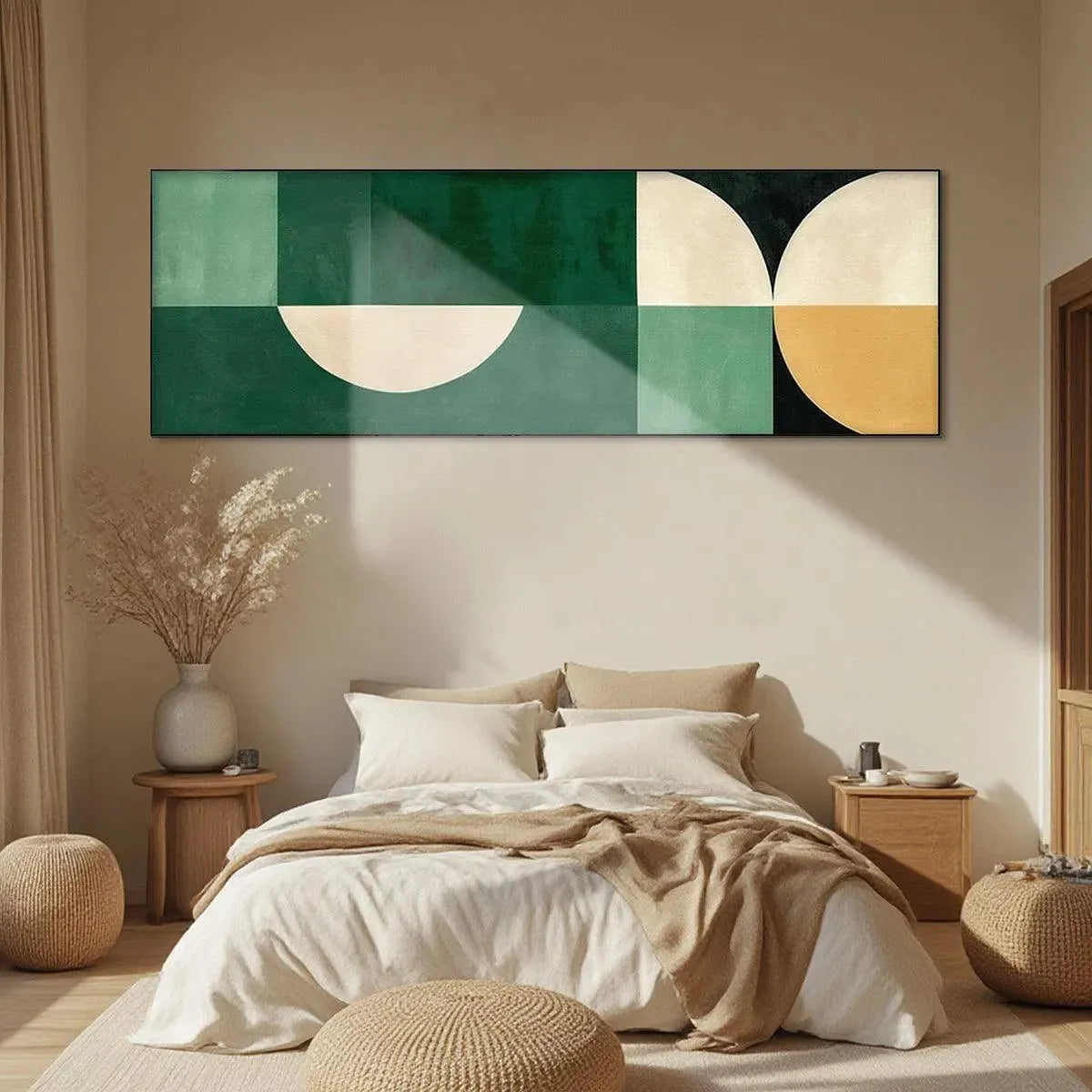 Green geometric panoramic wall art with cream and mustard accents above a bed in a minimalist bedroom.