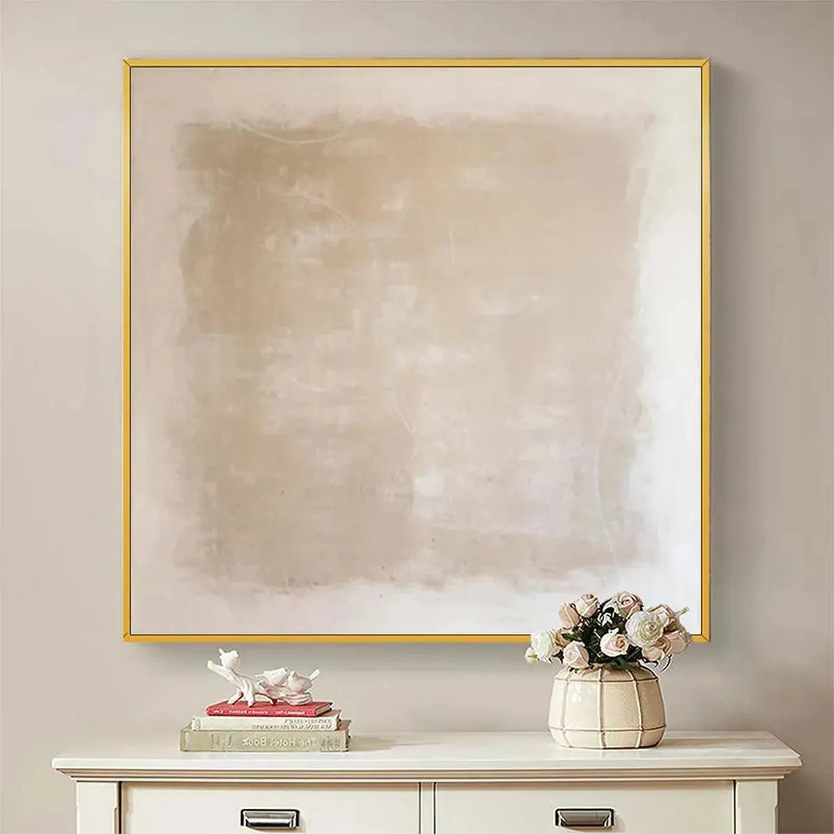 Minimalist "Desert Sands" painting by Javier Ramirez, beige textured artwork with gold frame.