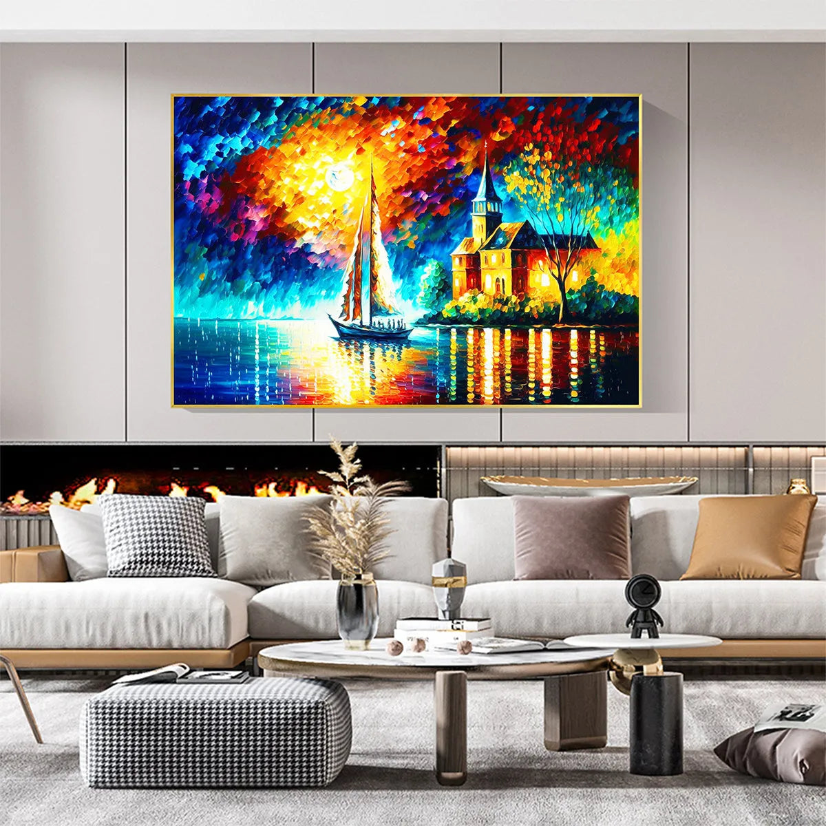 SANCTUARY BY THE SEA: Coastal Landscape Oil Painting with Sailboat and Church